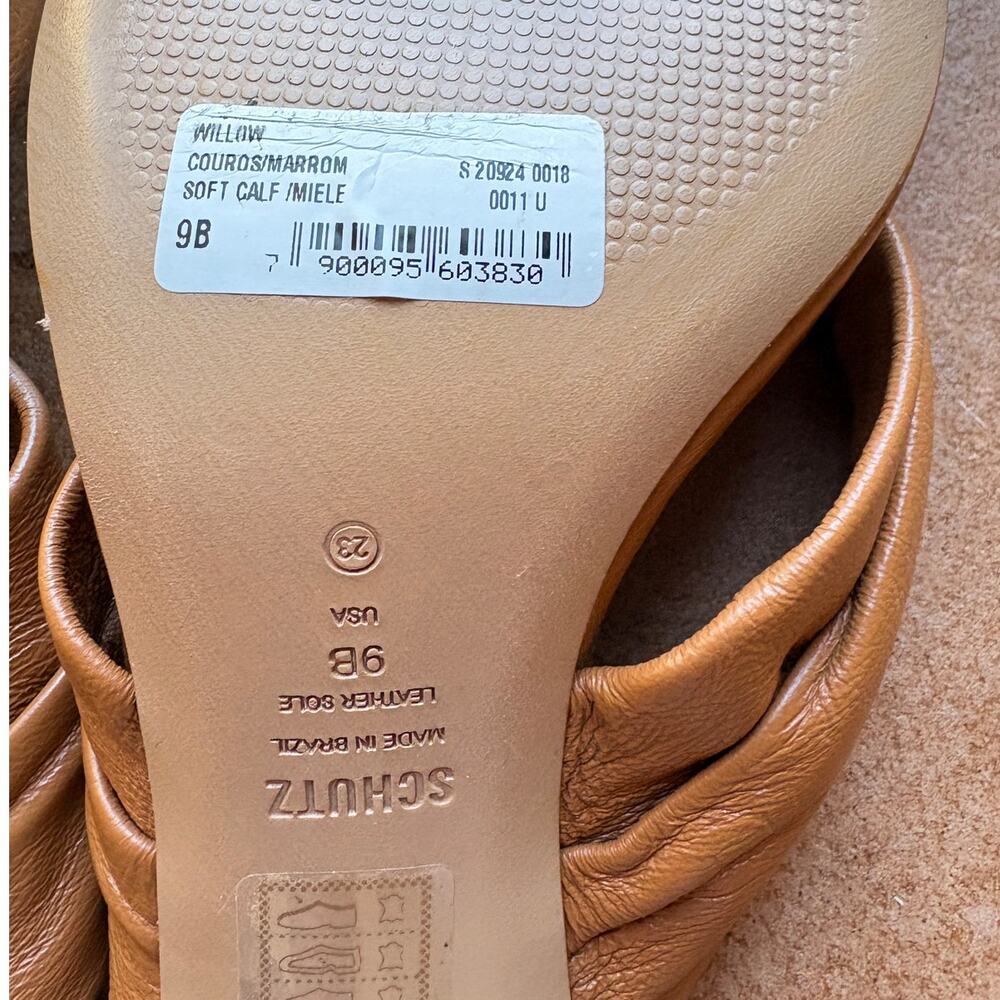 Schutz "Willow" Tan Ruched Leather Thong Style Sandals w Mid Stiletto Heels sz 9 - Picture 9 of 14